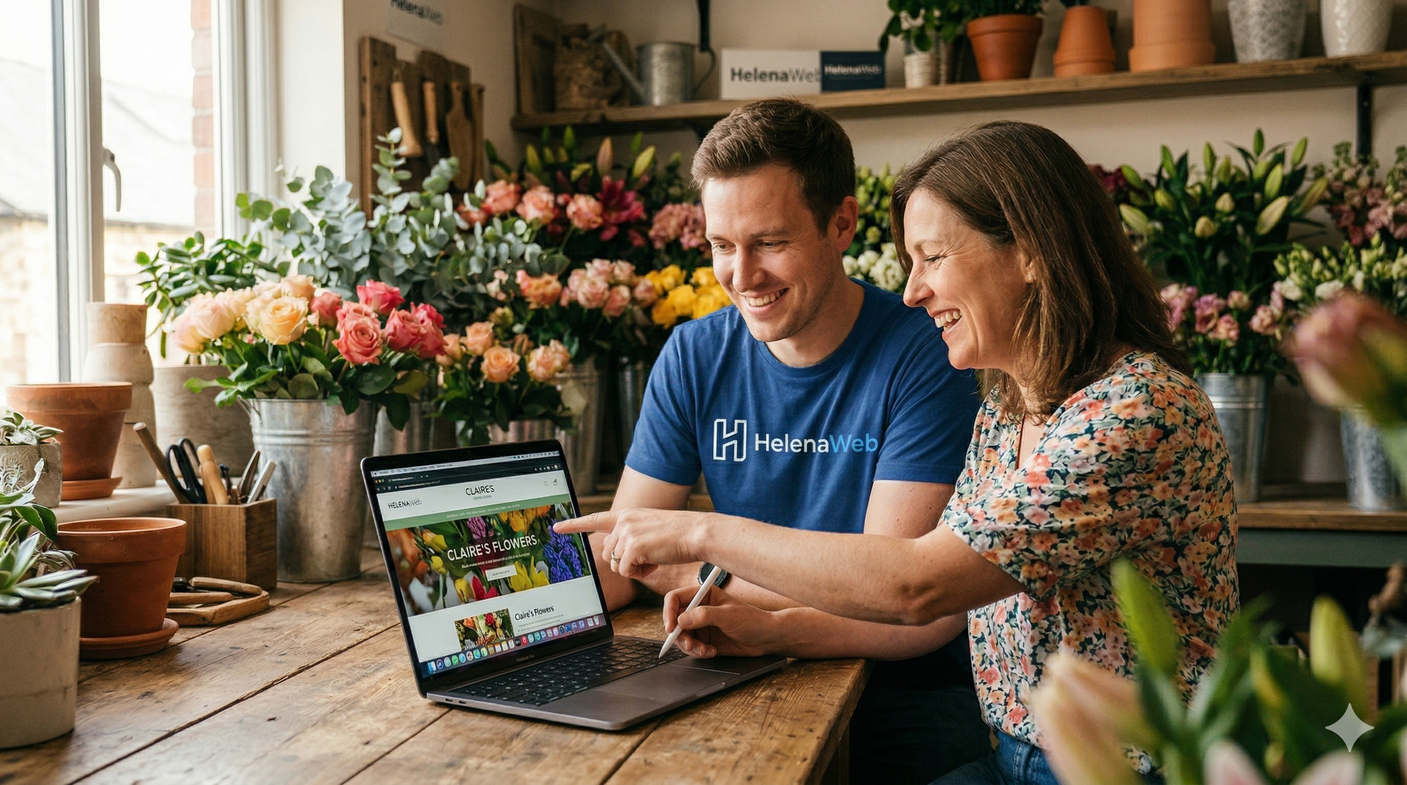 Un webdesigner HelenaWeb et une fleuriste souriants co-créant un site web